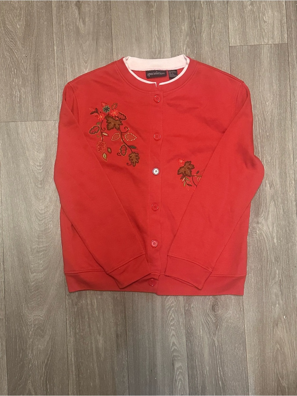 Speculation Grandma Fall Leaf Red Embroidered Button-Up Cardigan. Large